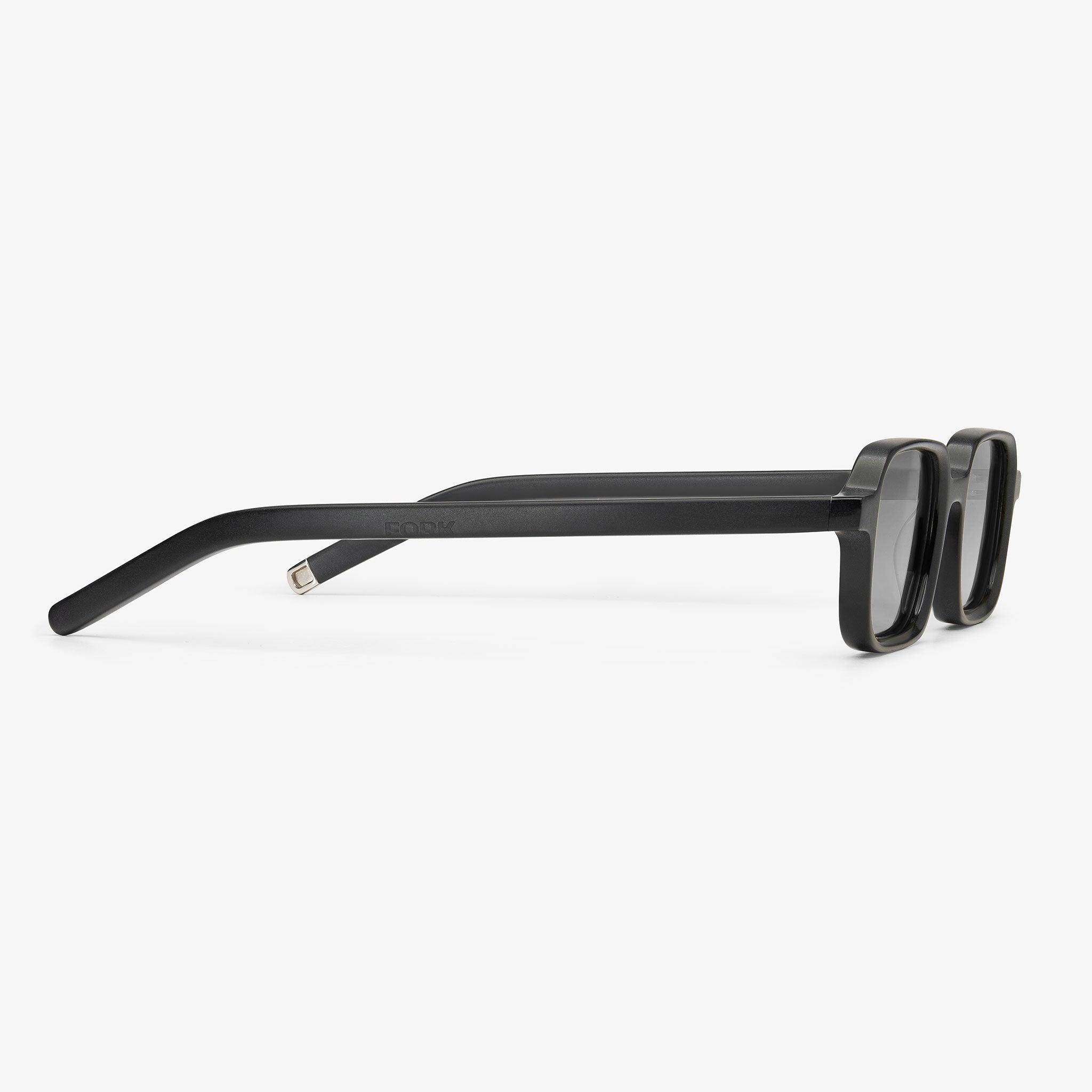 Side profile of 04AM rectangular sunglasses in Matte Black with Gray lenses showing temple logo