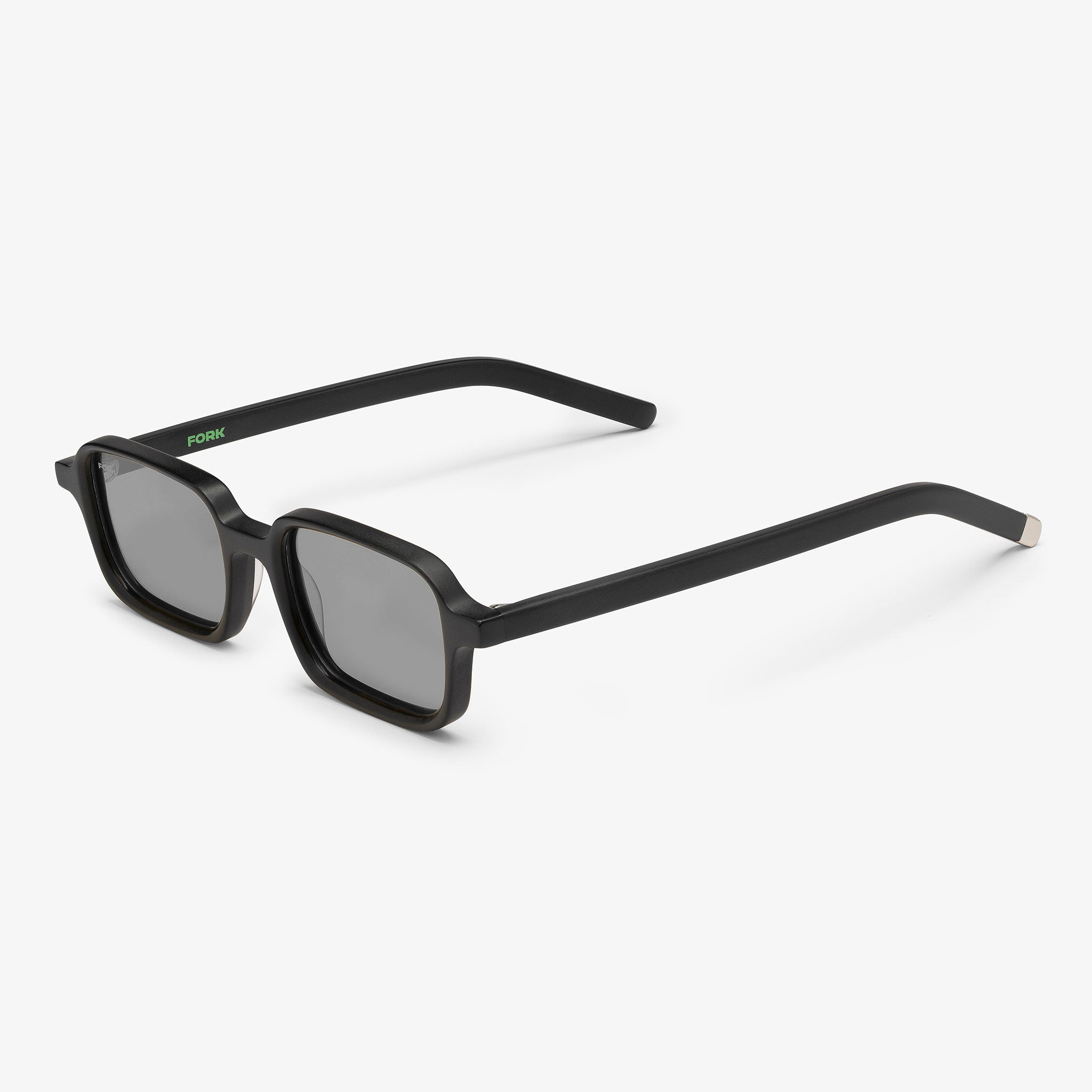 04AM rectangular sunglasses in Matte Black with Gray lenses, three-quarter angle showing frame depth