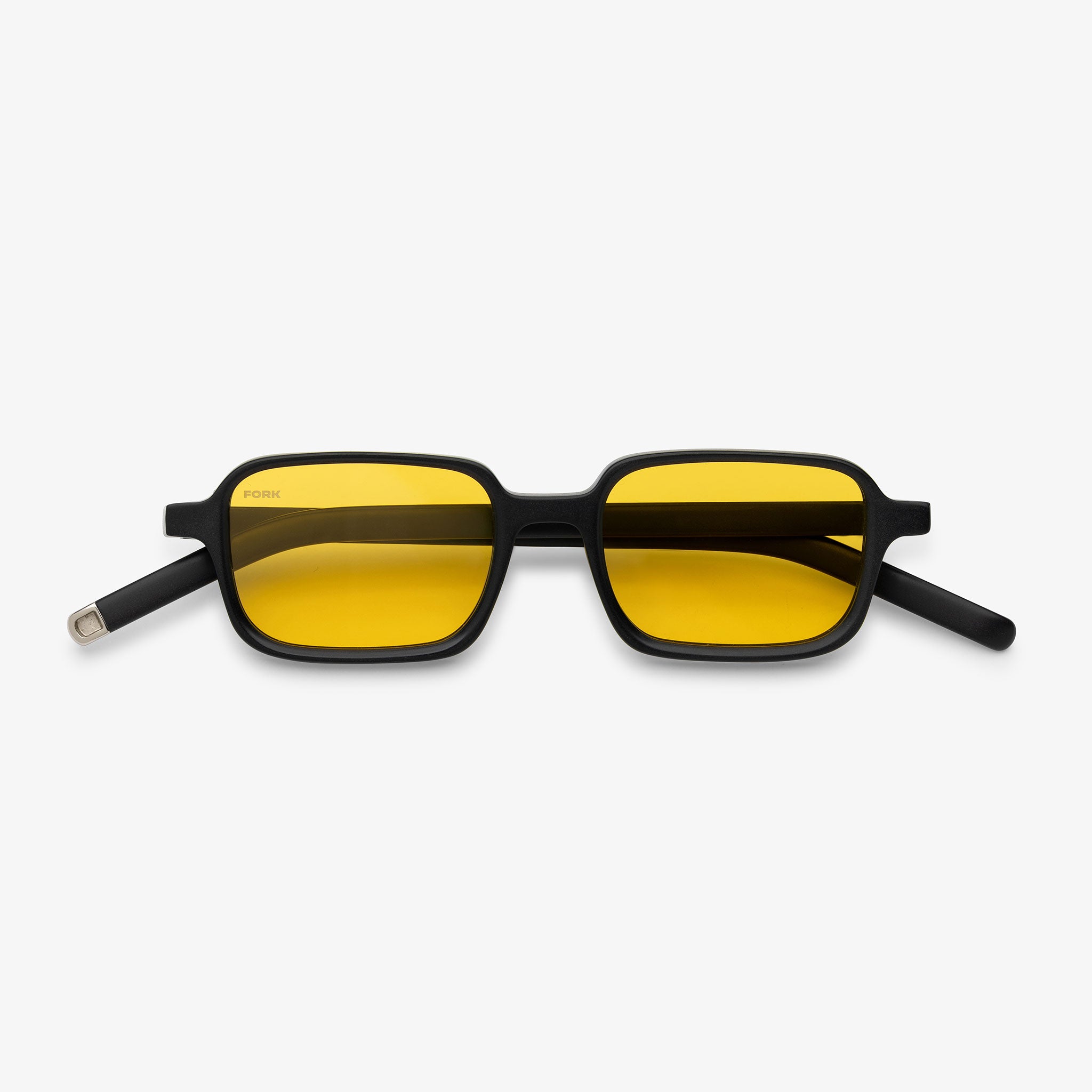 Front view of FORK Eyewear 04AM acetate sunglasses with thin black arms and yellow lenses