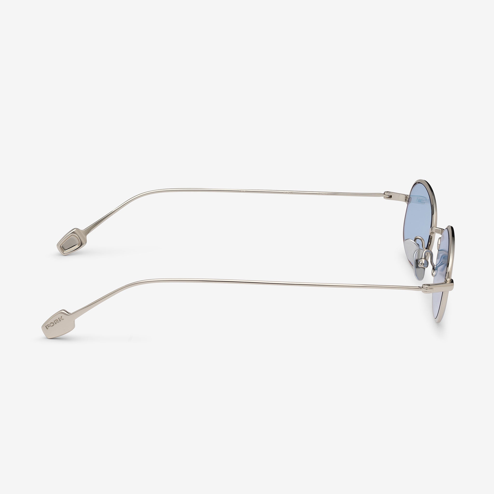 Round sunglasses with blue lenses on a white background