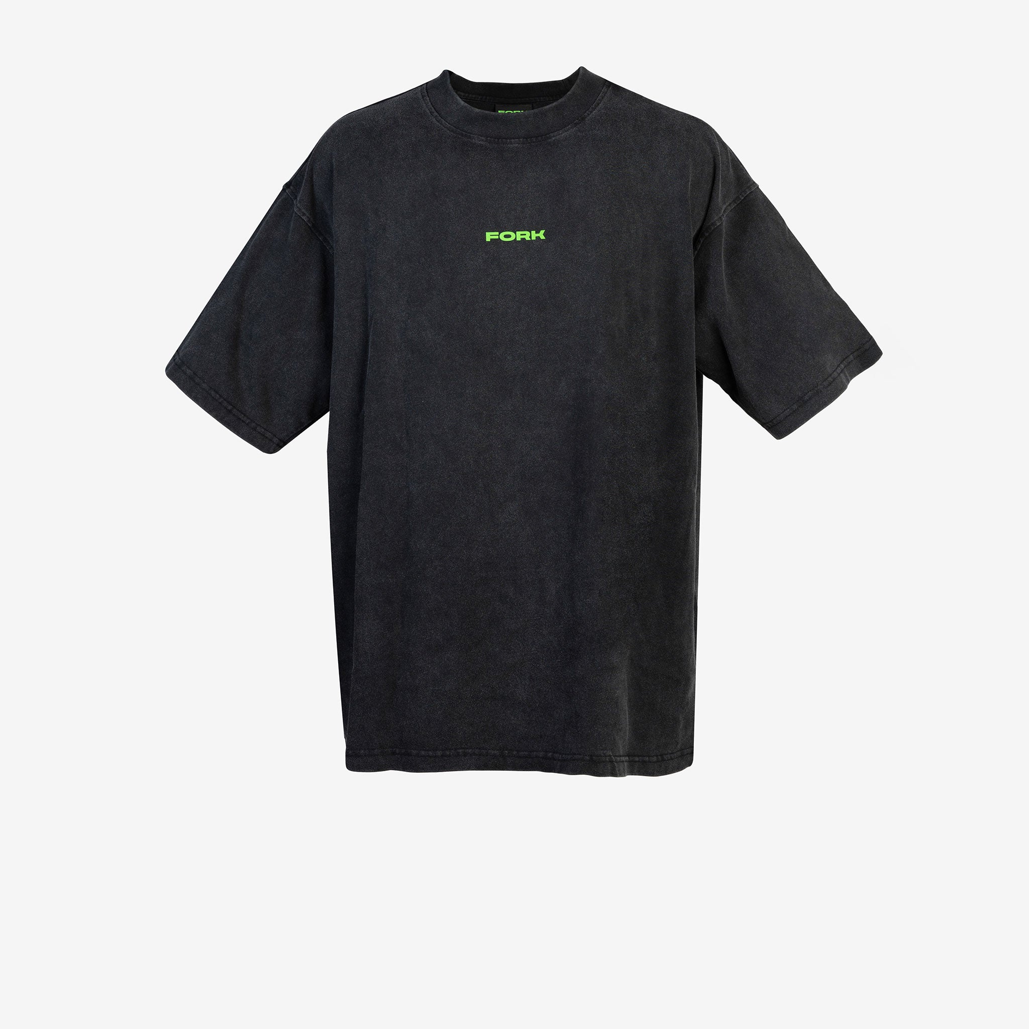 Black t-shirt with a logo on the chest against a white background