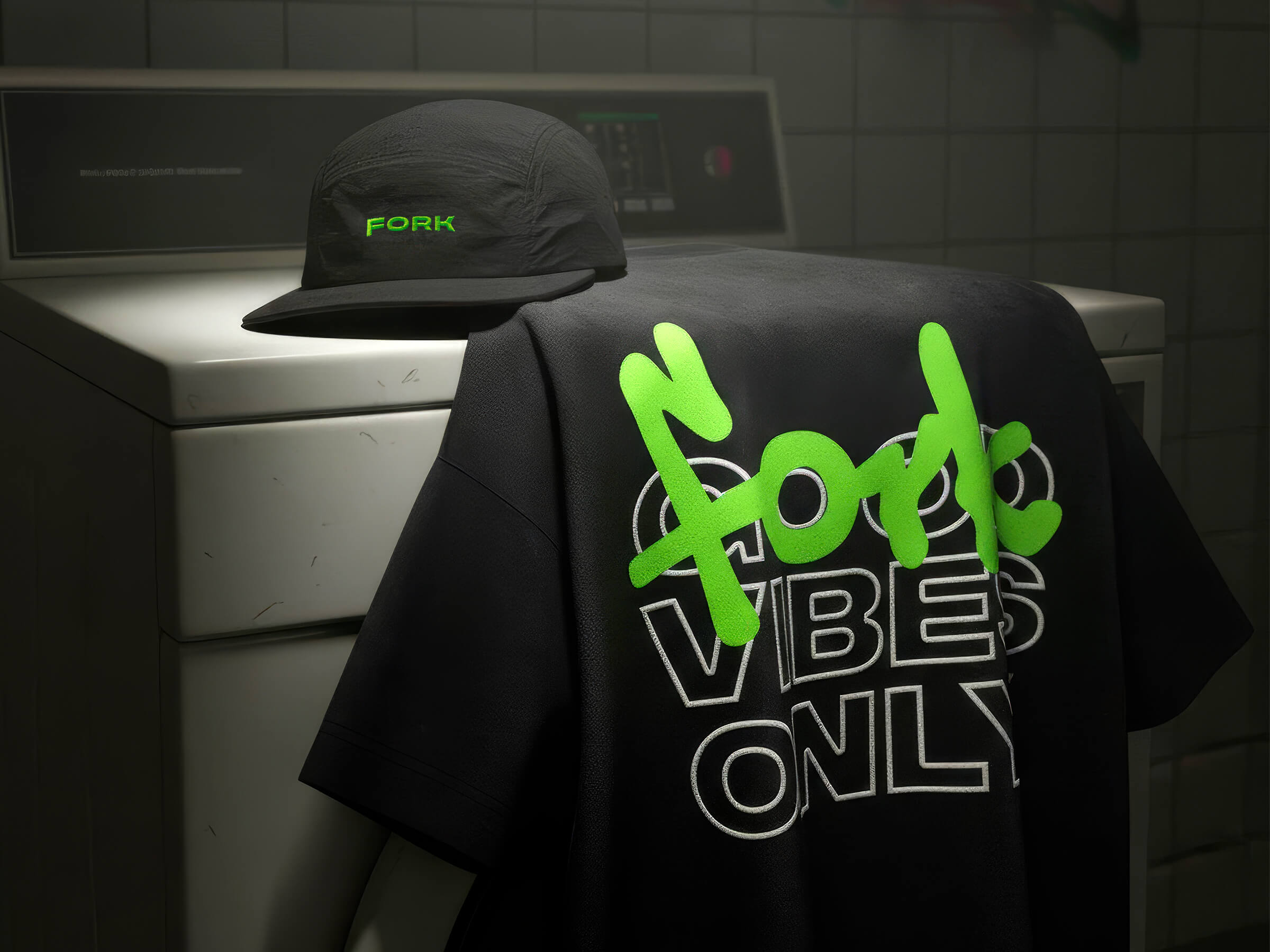 Black t-shirt with Fork Eyewear branding and 'Vibes Only' text, placed on a washing machine.