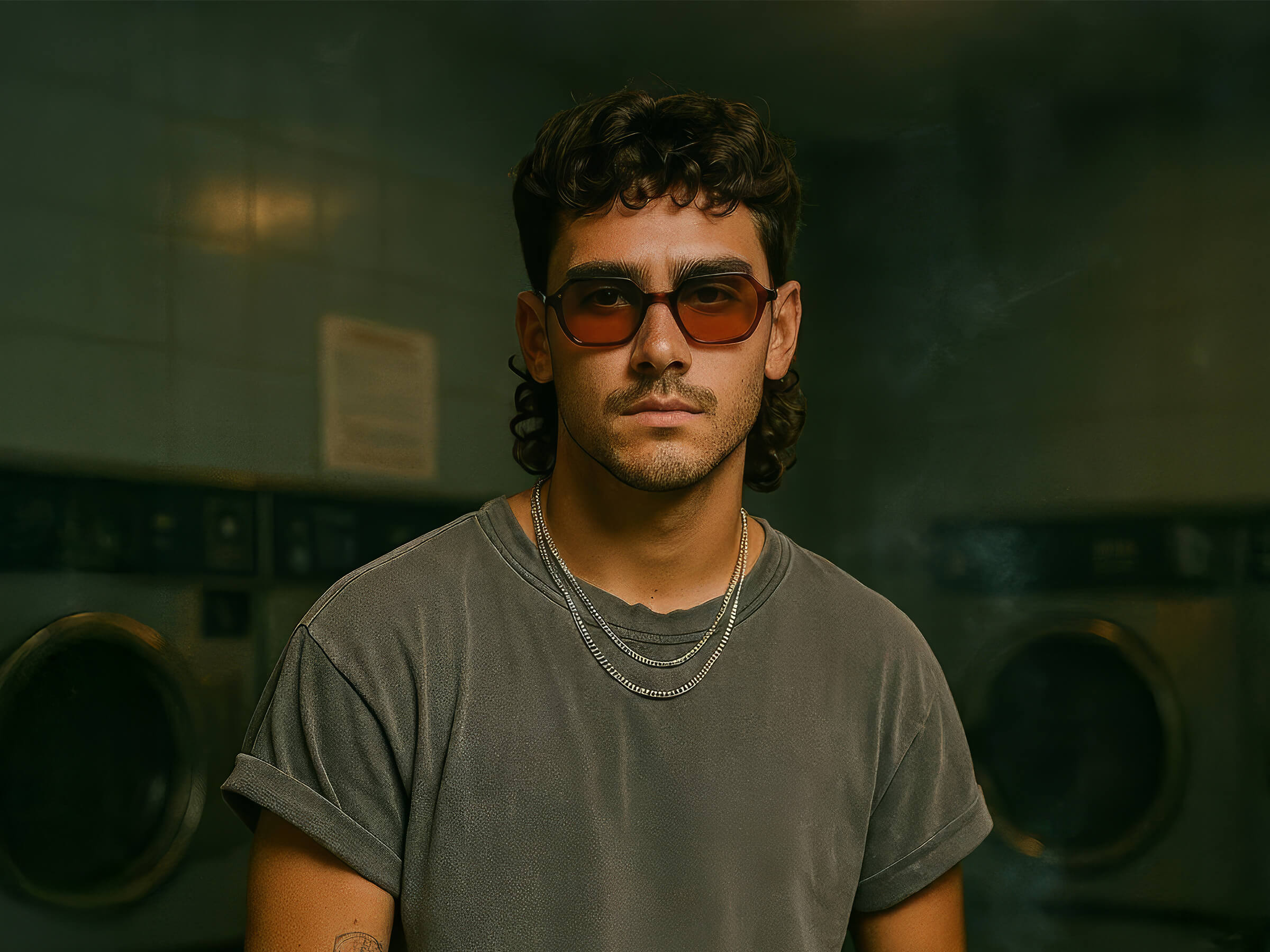 Man wearing sunglasses and a gray t-shirt in an industrial setting