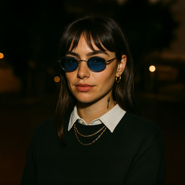 FORK eyewear sunglasses on a woman, blue tinted sunglasses closeup