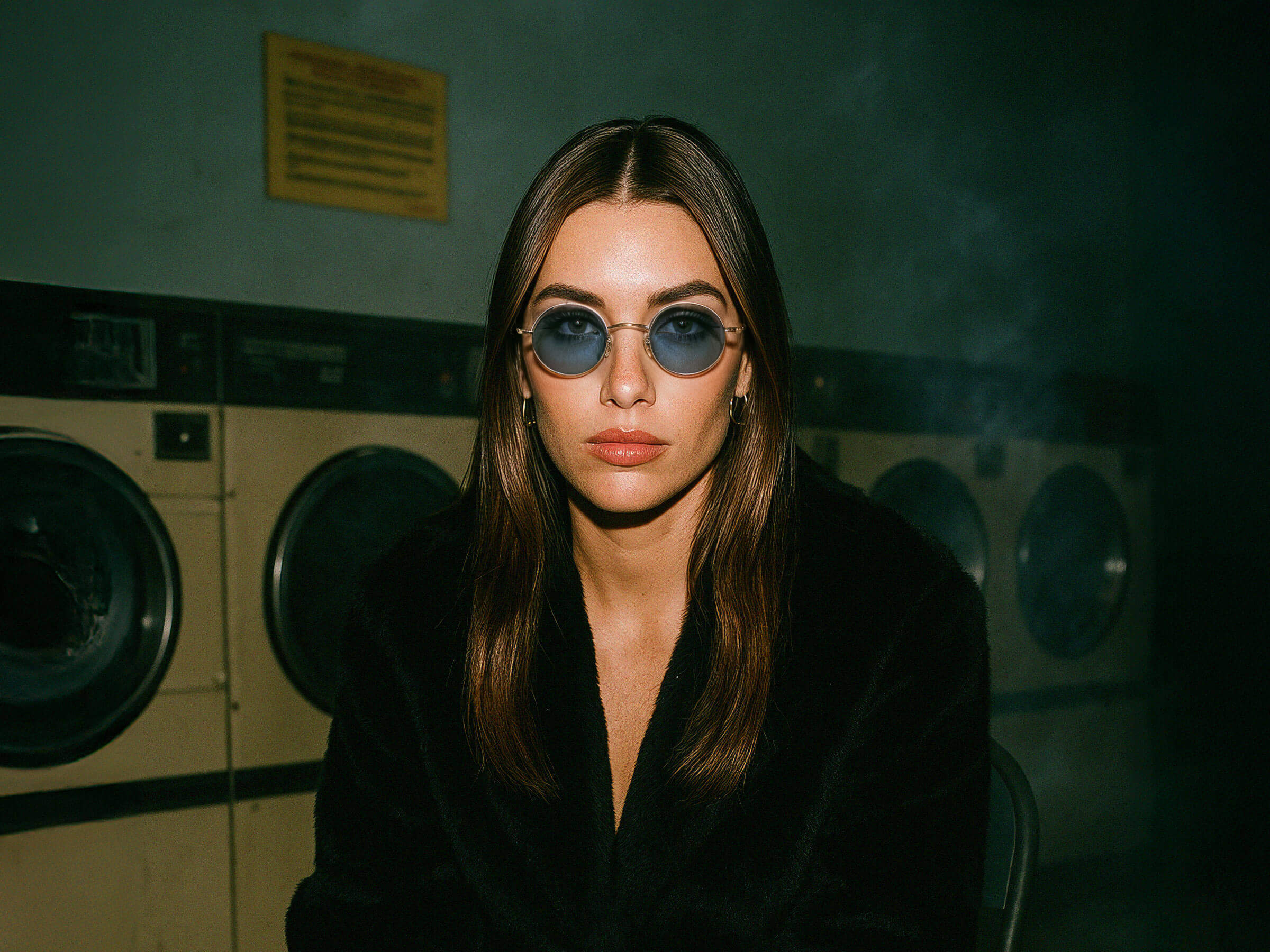 Woman wearing sunglasses in a laundromat