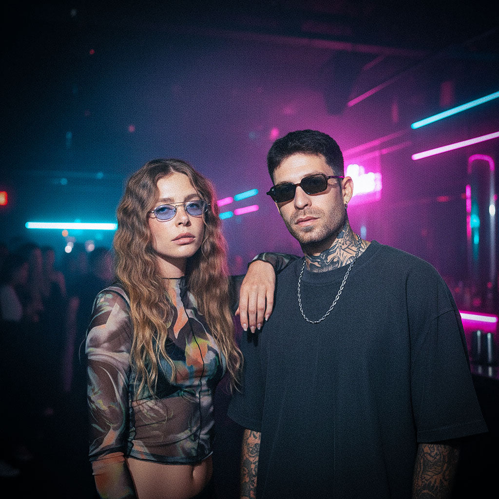 Best sunglasses for nightclubs — two models in a neon-lit club wearing blue-tint and dark lenses