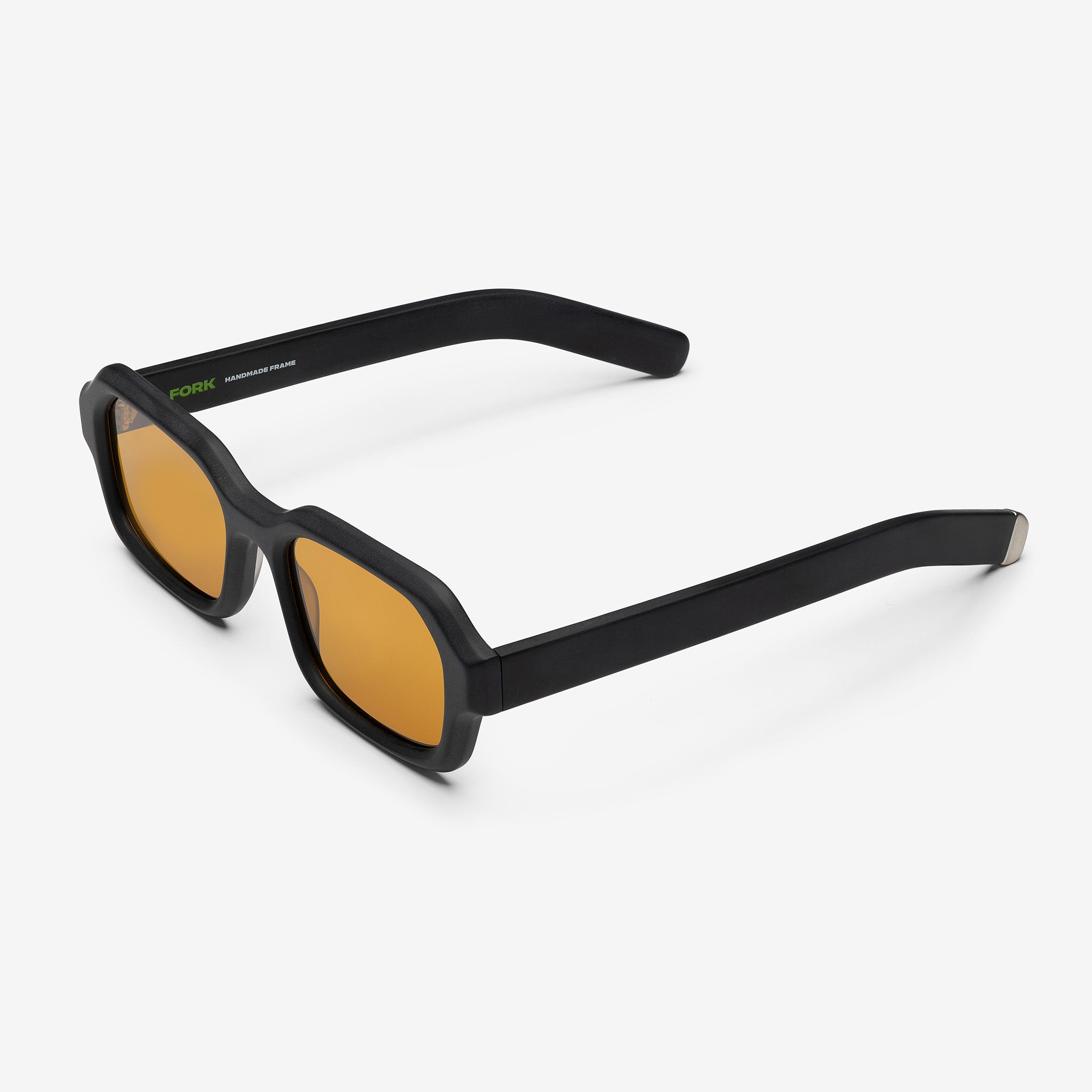Black sunglasses with yellow lenses on a white background, FORK EYEWEAR