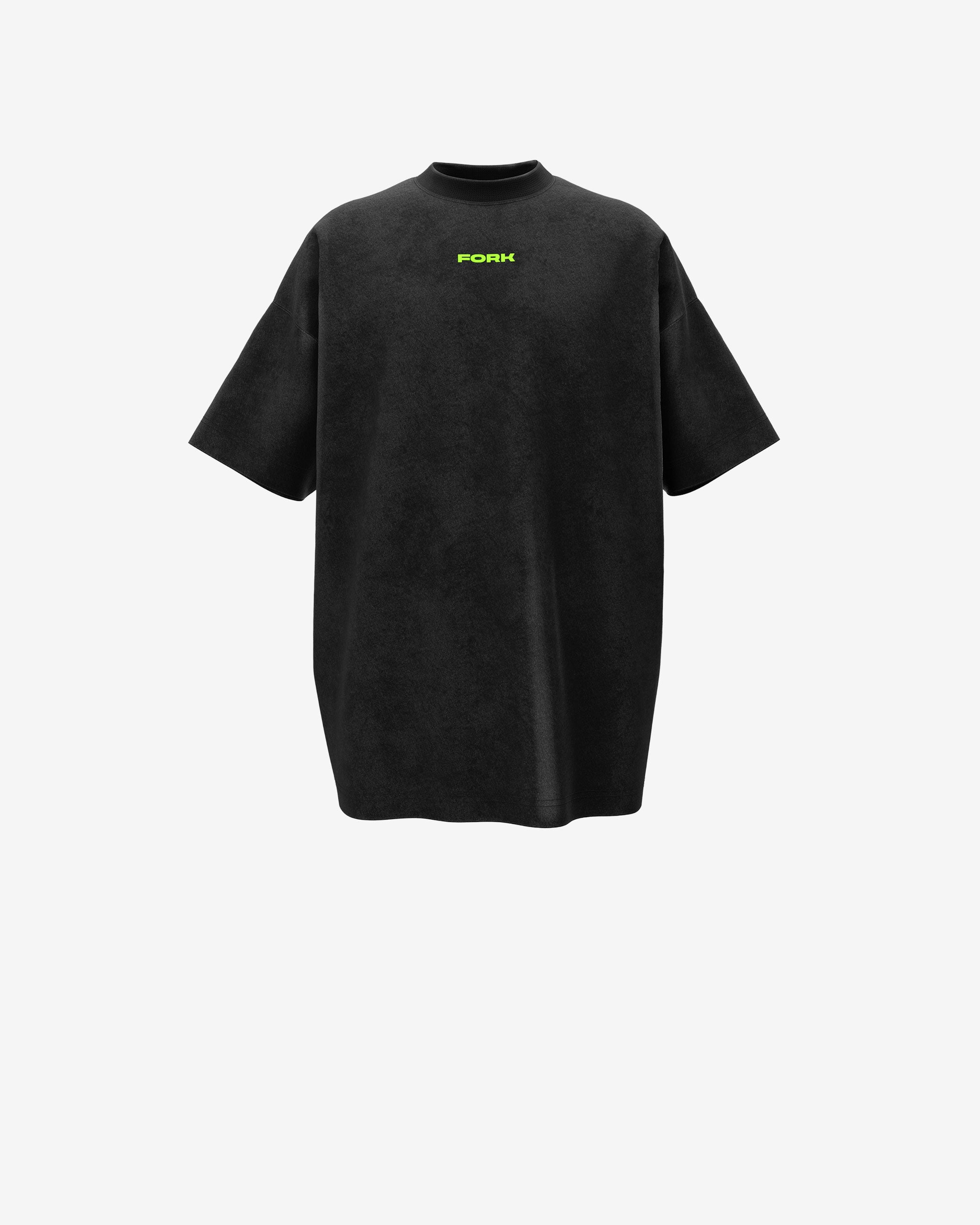 Black t-shirt with a logo on the chest against a white background